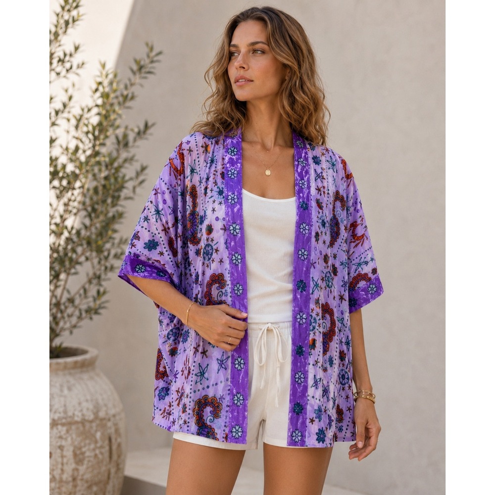 k278. Boho Urban Outfitters Purple Velvet Trim Paisley Burnout Sheer Kimono OS